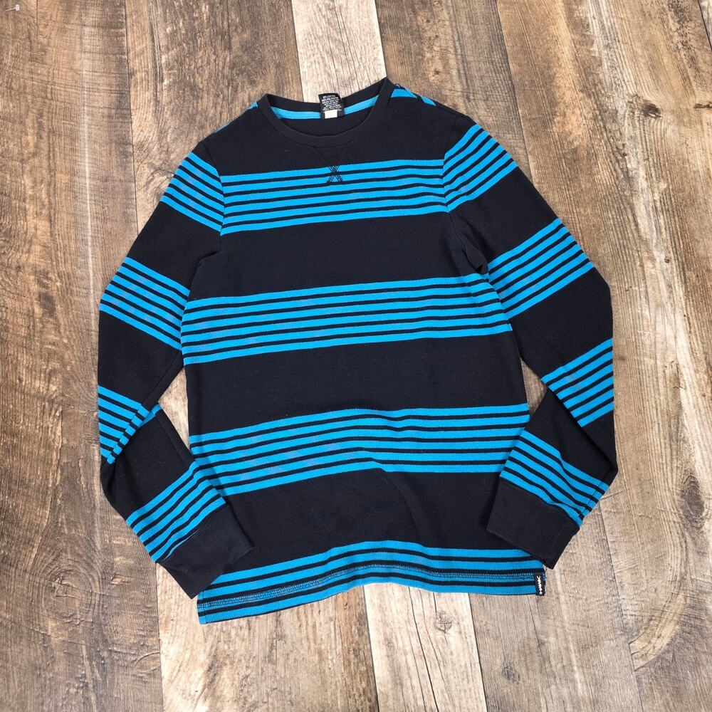 Black Blue Striped Thermal Shirt Long Sleeve Waffle Knit Size Medium Skater Y2K